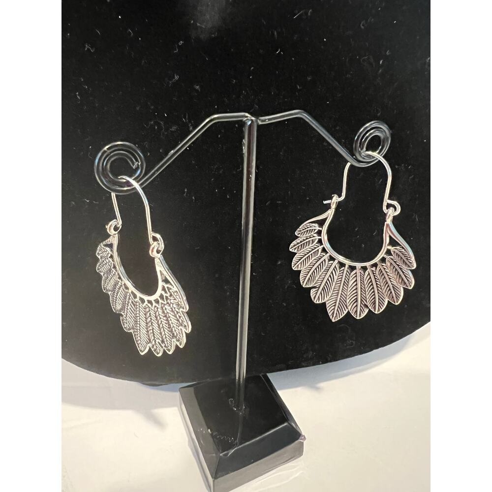 Antique Feather Hoop Earrings Women New Silver Gold Tone Bohemian Statement - Picture 6 of 7